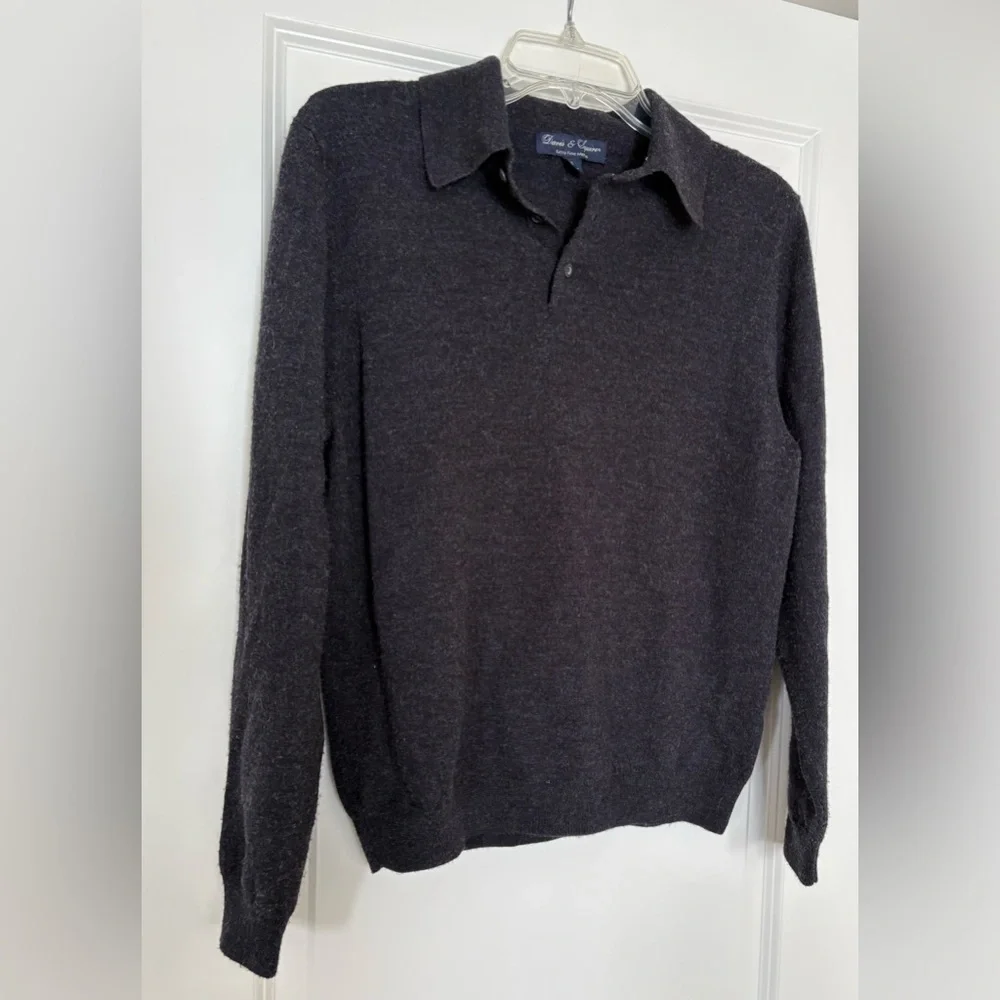 100% Merino Wool Collared Dark Gray Polo Sweater Charcoal Long Sleeve Men’s Sm